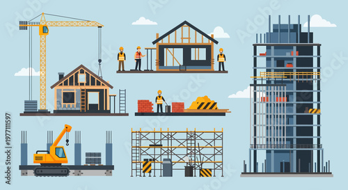 Construction Site Stages and Workers Illustration.