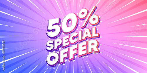 Discount sun rays gradient banner. Light burst background. 50 percent discount offer tag. Sale price promo sign. Special offer symbol. Gradient sun rays. Sunburst light. Vector