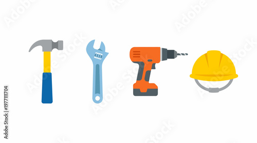 Construction Tools Hammer Wrench Drill and Hard Hat Illustration 1.