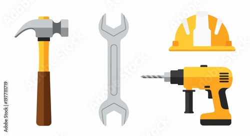 Construction Tools Hammer Wrench Helmet and Drill Illustration.