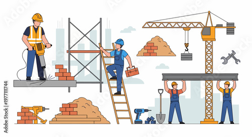 Construction Workers and Equipment Illustration Building a Better Future Together.