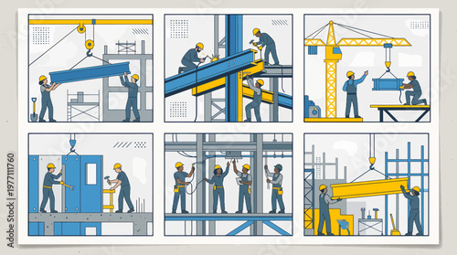 Construction Workers Assembling Steel Structures with Cranes and Scaffolding.