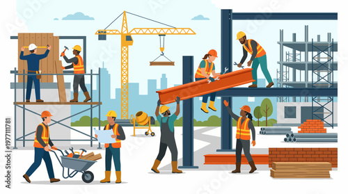 Construction Workers Building a Skyscraper with Crane and Steel Beams.