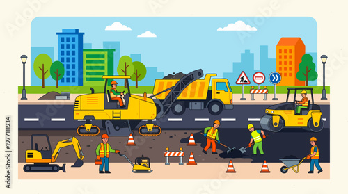 Road Construction Scene with Workers and Heavy Machinery.