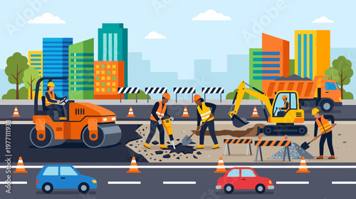 Road Construction Scene with Workers and Heavy Equipment.