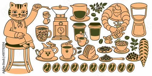 Whimsical illustration of cats enjoying coffee and related paraphernalia