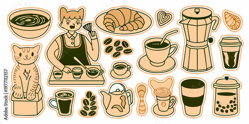 A collection of hand drawn coffee breakfast and barista themed illustrations