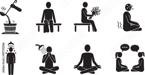 Sauna and spa procedures silhouette vector illustration set. people relaxing, steaming, showering, and meditating for wellness and health.