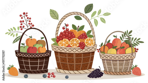 Three wicker baskets overflowing with assorted colorful fruits on white background