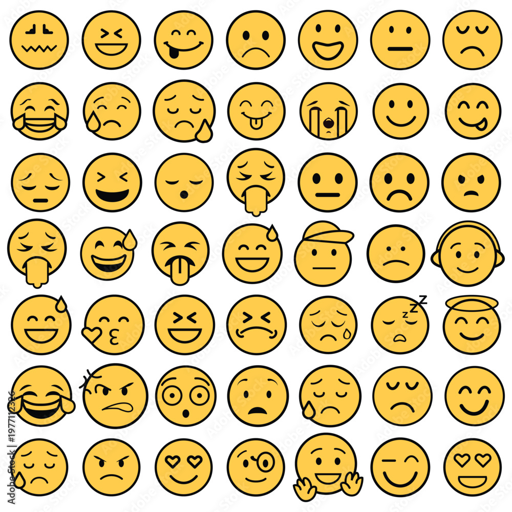 Fototapeta premium Collection of various yellow emoticon faces on white background 