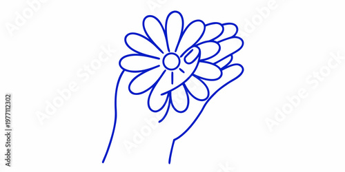 A hand delicately holding a stylized blue flower in a simple sketch