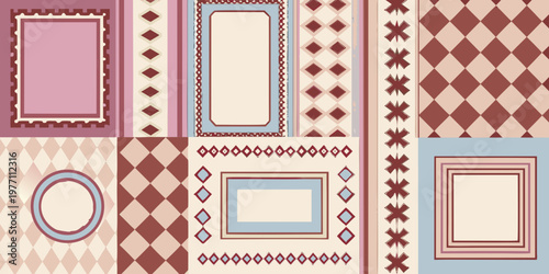 Geometric pattern with frames and diamond shapes in pink and blue