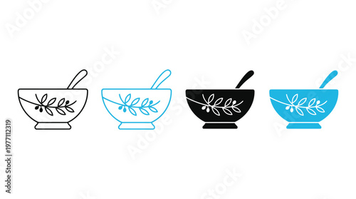 Culinary bowl icons with olive branch detail for kitchen tools and mediterranean cooking.