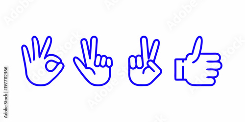 Four blue line art hand gestures peace okay rock and thumbs up