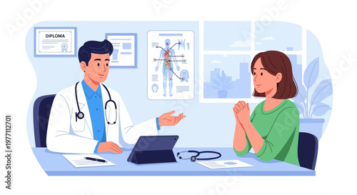 Doctor, patient consultation, medical office, healthcare professionals, clinic, vector illustration