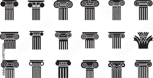 Set of ancient greek column capitals in ionic and corinthian styles for architectural design and classic roman heritage ornamentation.