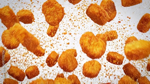 Deliciously crispy golden chicken nuggets and bits scattered across a textured surface, perfect for a fast food appetizer or snack