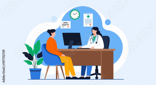 Doctor, patient consultation, medical office, healthcare professionals, clinic, vector illustration