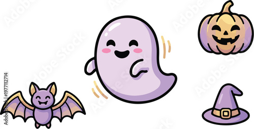 Digital illustration of cartoon Halloween characters including a purple ghost, bat, witch hat and jack-o-lantern on a white background with a playful mood.