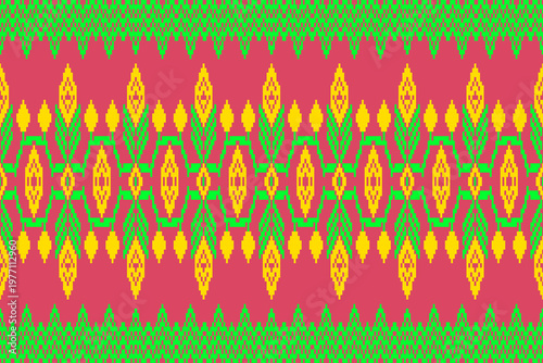 seamless pattern with flowers
Indigenous cultural pattern Yellow floral design with green leaves adorned with vibrant zigzag lines against a pink background. Suitable for fashion, textile business, 
