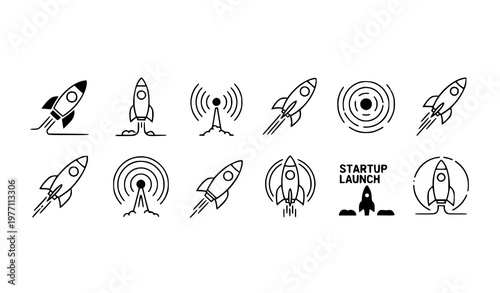 Rocket launch line icons vector set startup growth symbols space rockets communication signal illustration modern outline collection