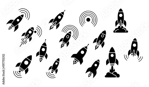 Rocket icons vector set space launch symbols startup growth concept rockets flying takeoff illustration isolated collection