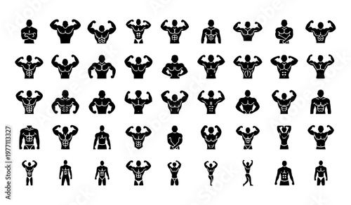 Large bodybuilder silhouettes vector set fitness icons muscular men flexing poses gym bodybuilding strength training collection illustration