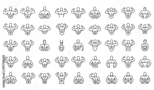 Set of bodybuilding outline icons with muscular male silhouettes in multiple poses for fitness gym and strength training design