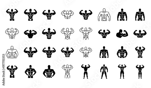 Set of bodybuilding and fitness icons with muscular male silhouettes in various poses for gym training and strength design