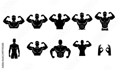 Bodybuilder silhouettes vector set muscular man fitness icons flexing poses gym bodybuilding strength training illustration collection