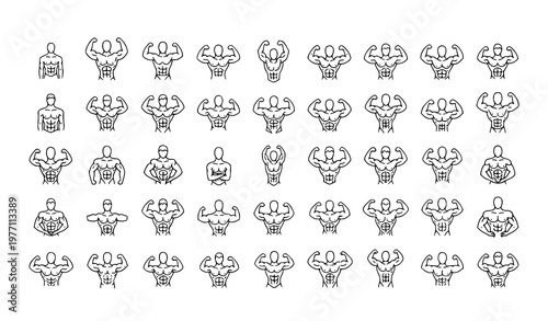 Set of bodybuilding outline icons with muscular male silhouettes in various poses for fitness gym and training design