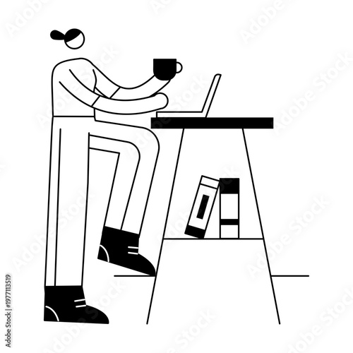 A doodle illustration depicting a character doing remote work