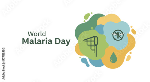 World Malaria Day abstract flat design illustration with organic shapes, mosquito, and mosquito net on an isolated white background.