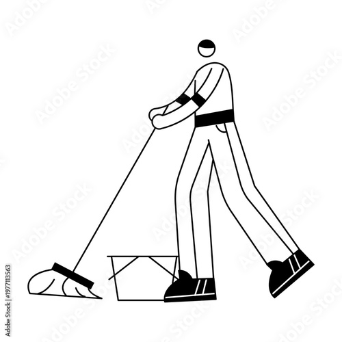 A hand drawn illustration showing a character floor cleaning