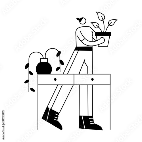 A hand drawn illustration showing a character in flower shop