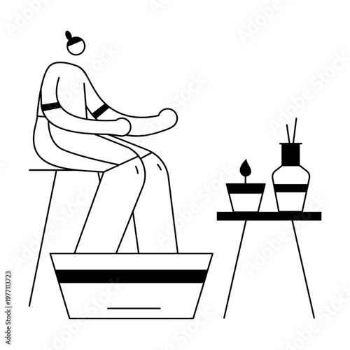 A doodle illustration depicting a character doing foot spa