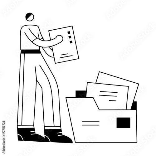 A hand drawn illustration showing a person doing file organization
