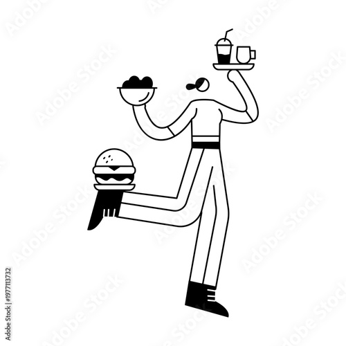 A sketchy illustration showing a character providing food service