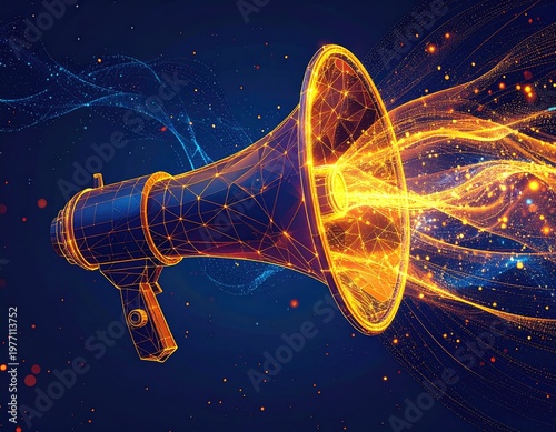 Digital megaphone projecting glowing energy