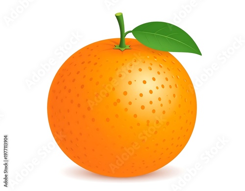 A single, ripe orange with a green leaf and stem.