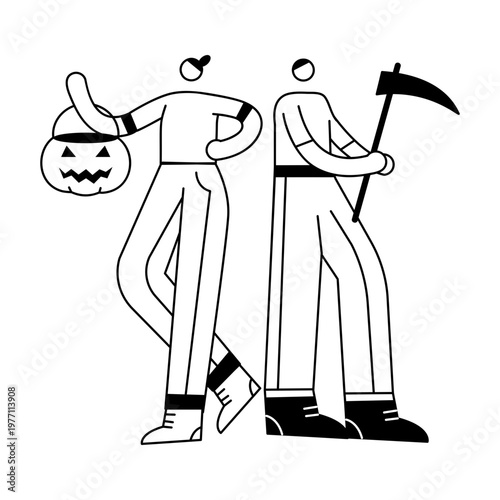A sketchy illustration showing two characters celebrating halloween