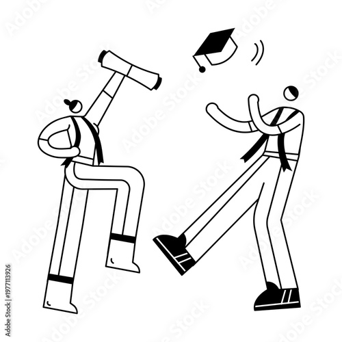 A sketchy illustration showing two characters celebrating graduation