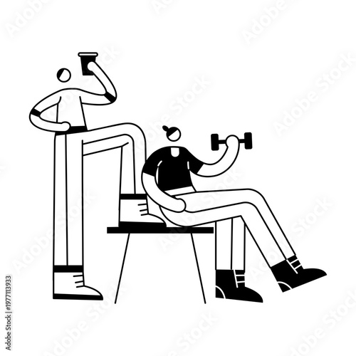 A sketchy illustration showing two gym friends exercising together