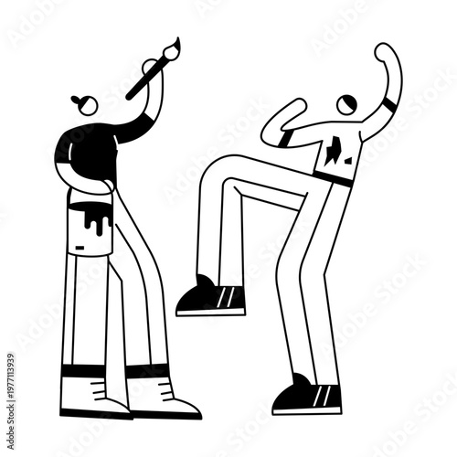 A doodle illustration depicting two friends throwing paint