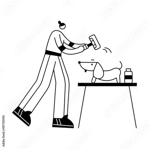 A hand drawn illustration showing a person dog shedding