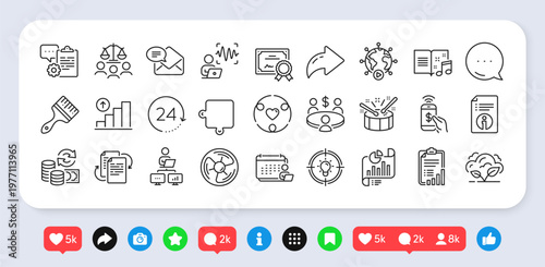 Air fan, Bureaucracy and New mail line icons pack. Social media: share, comment, like icons. Idea, Court jury, Inclusion web icon. Accounting, Co2 gas, Technical info pictogram. Vector