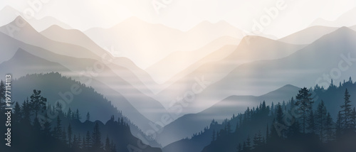 Sunrise in the mountains, misty wild gorge, vector illustration