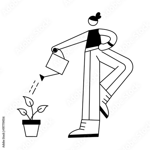 A sketchy style illustration depicting a character watering plant