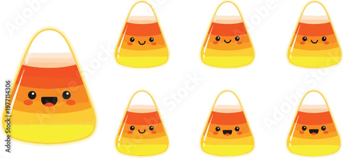 Set of cartoon candy corn characters with different facial expressions on a white background in a flat lay composition with vibrant orange, yellow, and white colors.