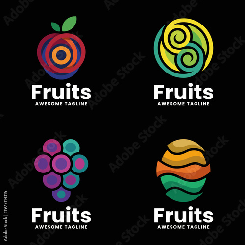 This vibrant logo collection features various fruit icons, including an apple and a grape, representing freshness and health, ideal for fruit-related brands or products.